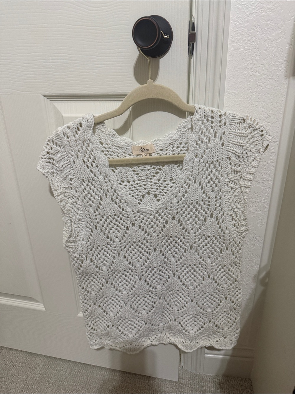 Eileen Fisher Cream Openwork Crochet Cap-Sleeve Top